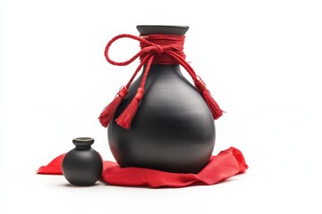 Small black ceramic bottle of Chinese rice wine wrapped in red cloth and rope set against a white background Unique Chinese beverage