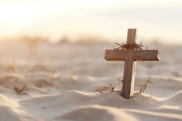 Poster - Wooden cross with crown of thorns in the sand. Good Friday concept 