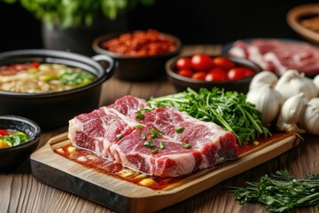 Canvas Print - Taiwanese beef noodle dish with braised beef shank tripe and vegetables on a wooden table