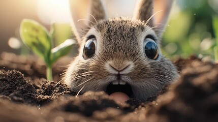 Wall Mural - A close up of a rabbit peeking out of the ground