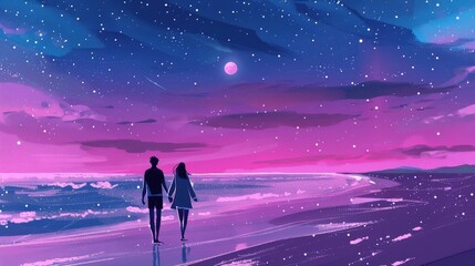 Wall Mural - A man and woman walking on the beach under a starry sky