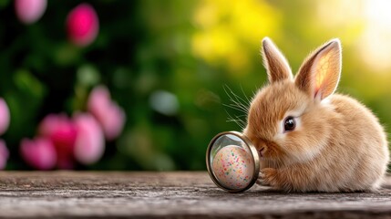 Wall Mural - A small brown rabbit sitting on top of a wooden table