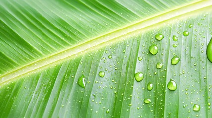 Wall Mural - A close up of a green leaf with water droplets on it