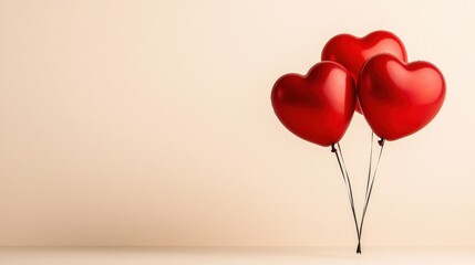 Wall Mural - Three red heart shaped balloons on a white surface