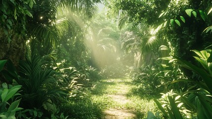 Wall Mural - A serene jungle pathway surrounded by lush greenery and soft sunlight filtering through the trees.