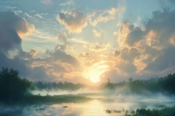 Poster - Serene Sunrise Over Misty River Landscape