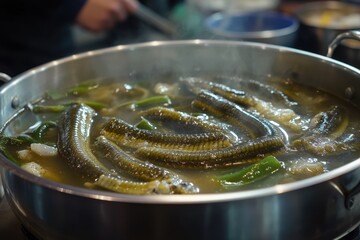 Canvas Print - Zoomed in view of simmering moray eel soup in a metal pot at a Ganggu ri restaurant near Yeongdeok gun South Korea