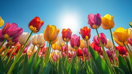 Tulip Farming and Trade: Vibrant Fields of Red, Pink, White and Yellow Blooms Under a Bright Sky for Floriculture Business and Spring Markets