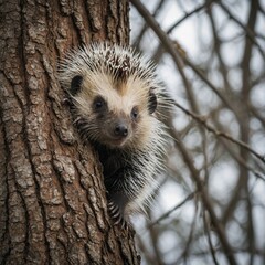 Wall Mural - A cute porcupine peeking out from behind a tree, with a clean white backdrop.

