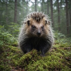 Wall Mural - A curious porcupine exploring the forest floor against a bright white sky.

