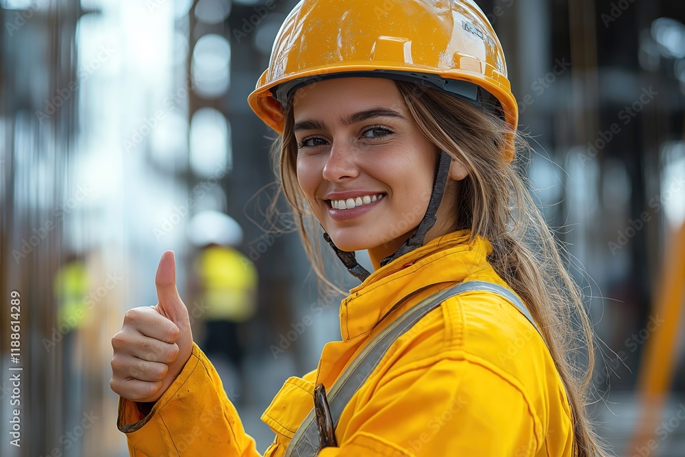 Happy female construction worker gives thumbs up at work site. Woman in ...