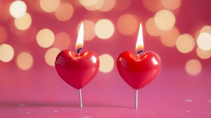 Canvas Print - Romantic Valentine's Day Background with Red Heart-Shaped Balloons, Two Lit Candles, and Copy Space on Soft Pink Backdrop for Love-Themed Celebrations and Greeting Card Designs


