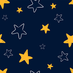 Wall Mural - Hand drawn seamless pattern colorful stars on a dark background for decorative purposes vector illustration