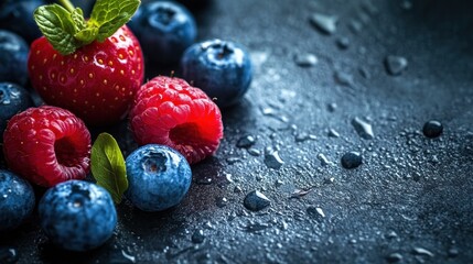 Wall Mural - Assortment of fresh juicy berries including blueberries raspberries and strawberries with dew droplets on a dark textured background  A healthy natural