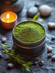 Green matcha powder in tin with candle and stones on dark surface