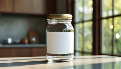 Jar mockup with label in sunlit kitchen with copy space