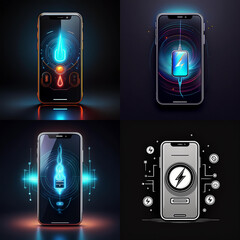 Poster - A collage showcases four sleek smartphones displaying vibrant, futuristic charging interfaces.  Each phone depicts a unique visual representation of power and energy.