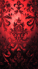 Wall Mural - The image depicts a red and black ornate pattern, reminiscent of baroque or vintage designs, with intricate floral and swirl motifs