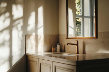 Elegant bathroom interior with natural light and artistic shadows highlighting modern design