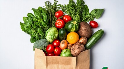 Wall Mural - Fresh, Organic Produce Overflowing from a Brown Paper Bag, Isolated on White Background.