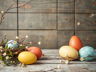 Colorful easter eggs decorated with tree branches on a rustic wood background, spring, traditional, festive