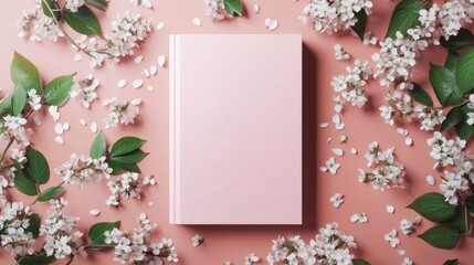 pink book surrounded by spring flowers on a blush background
