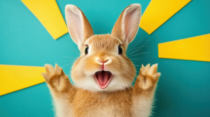 Poster - Rabbit, A cheerful rabbit with raised paws against a bright turquoise background, exuding a playful and joyful expression.