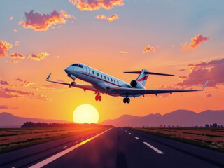 A white jet plane is flying over a runway with a sunset in the background. The sky is filled with clouds, and the sun is setting, creating a beautiful and serene atmosphere