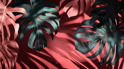 Canvas Print - Vibrant Monstera Leaves on Red Background AI Art