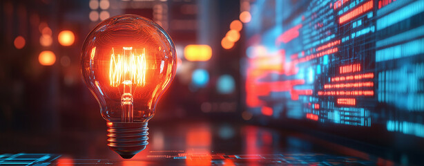 Glowing vintage-style light bulb in a futuristic digital environment, with illuminated red filament and abstract blue code patterns on the blurred background.