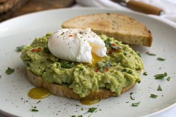 Wall Mural - A plate with a generous serving of creamy mashed avocado, topped with a perfectly cooked poached egg, topped with a poached egg delicately placed atop, natural, food, poached egg, dish