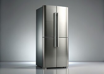 Modern Stainless Steel Refrigerator Isolated on White Background - Stock Photo