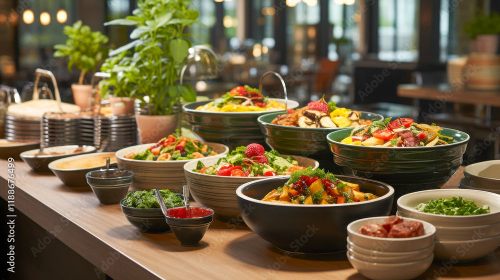 Foto Colorful buffet display featuring fresh salads and toppings in a ...