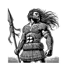 Wall Mural - powerful maori tribe warrior, standing tall, wearing traditional tribal attire made of woven materia