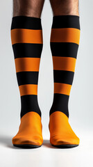 Close-up of male legs wearing color socks with black stripes on a white background, a mockup template for a sports advertising banner or ad design. Stock photo studio photography, high resolution