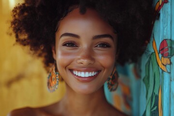 Poster - Beautiful smiling girl with afro hair style posing near colorful wall