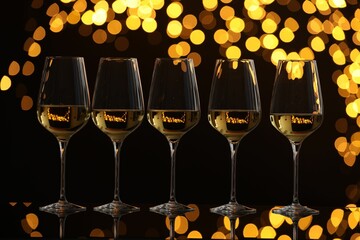 Canvas Print - Tasty white wine in glasses on mirror surface against dark background with blurred lights. Bokeh effect