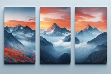 Promotional flyers showcasing stunning mountain landscapes in vibrant sunset colors