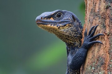 Wall Mural - Monitor lizard climbing tree in lush green forest