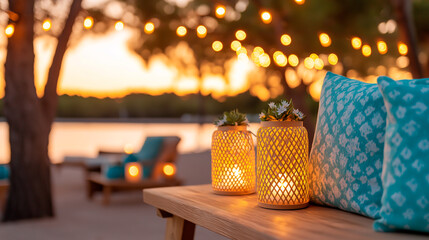 Wall Mural - A boho-style outdoor summer festival at sunset, with colorful lanterns, cozy seating areas.