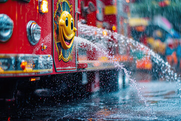 Wall Mural - a firetruck with a smiling ladder spraying glittery water