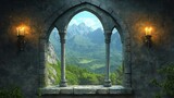 Ancient castle window overlooking rich mountain valley. Stone archway frames serene landscape with plants, peaks. Gentle light from candles illuminates interior. Peaceful, enchanting view. Ideal for