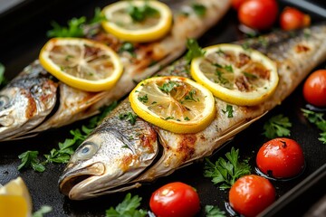 Wall Mural - Two grilled sea bass fish with lemon and cherry tomatoes on black tray