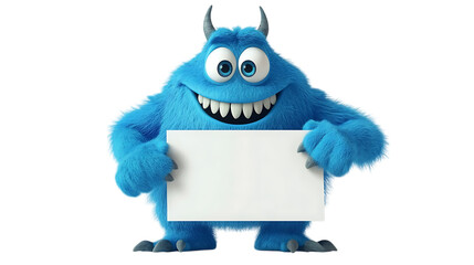 Wall Mural - Cute cartoon blue monster character with a blank sign displayed on a clean white background, ideal for customizable graphics, creative designs, and whimsical visuals