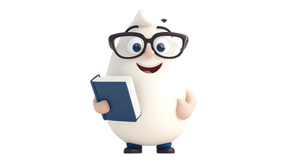 Wall Mural - Cute cartoon milk character wearing glasses and holding a book displayed on a clean white background, ideal for children's books, study-themed visuals, and creative designs