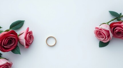 elegant gold wedding band centered on white background, framed by pink and red roses with green leav