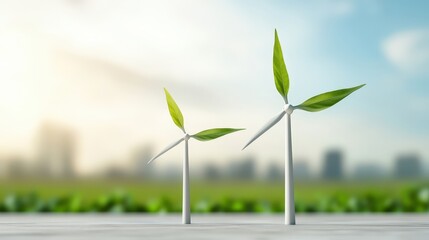 Wall Mural - Two wind turbines are shown in a field with a city in the background