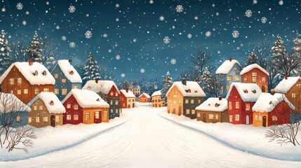 Wall Mural - Charming Winter Village Scene with Snowy Houses and Falling Snowflakes Creating a Cozy Festive Atmosphere