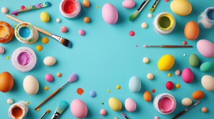 Wall Mural - Colorful Easter egg decorating setup on a vibrant background