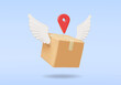 © Khomkrid - 3D vector render illustration of a parcel box icon with white wings and a red location pin symbol on top. It conveys the concept of fast and accurate delivery of parcels to the specified location.